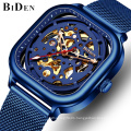 2019 Fashion Blue Steel Skeleton Automatic Mechanical Watch BIDEN 0196 Men Mesh Strap Sport Business Wrist Watches